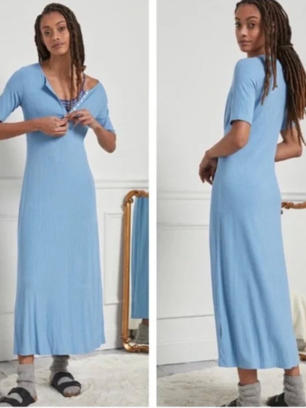 Anthropologie Dolan Orla Henley Ribbed Maxi Dress Blue Size L Loungewear casual